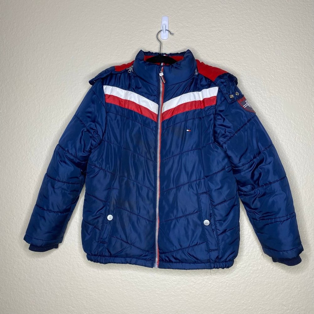 Tommy Hilfiger Red White and Navy Zip-Up Removable Hood Puffer Size M
